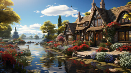 A picturesque village by a flowing river, the water reflecting the charm of cottages with thatched roofs, framed by lush trees and blue skies, a scene of timeless beauty captured in high definition.