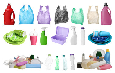 Different plastic items isolated on white, set
