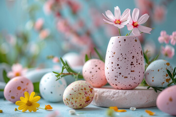 Obraz premium Easter modern composition with flowers and beautiful eggs in pink, blue, white and yellow with podium stage for presentation. Pastel colors, blurred background, space for text