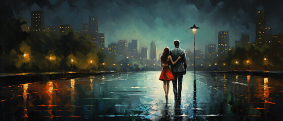 A couple strolling in the rain while oil painting