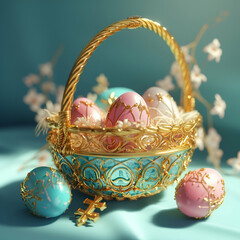 Easter eggs in basket with cross, generative ai