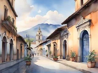 Fotobehang Cappuccino Watercolor Painting Landscapes Villages and Volcanoes of Antigua Guatemala