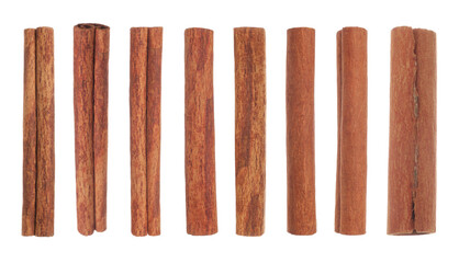 Aromatic dry cinnamon sticks isolated on white, set