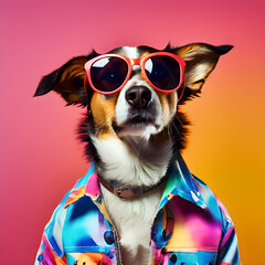 The Cool dog wearing suit clothes and glasses, Modern background. Concept Fashionable animals. Generative Ai