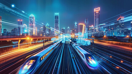 Fototapeta na wymiar A network of high-speed trains zooming across sleek, modern tracks, representing the seamless connectivity and efficiency of a smart city's transportation system. 8K -