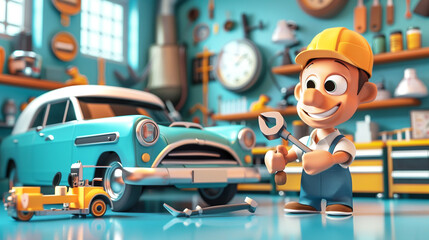 A 3D cartoon mechanic, with a wrench working on a cartoon car in garage