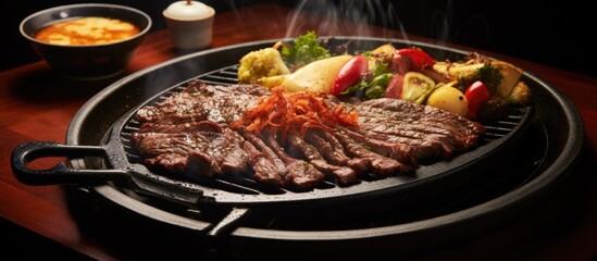 Beef steak and assorted vegetables sizzle on an outdoor grill atop a table. The delicious aroma of cooking meat fills the air