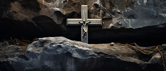 A holy cross and Jesus can be seen in a stone tomb. ..