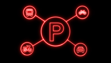 Neon parking sign with car bus bike and motorcycle icons on a black background.