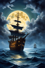 Pirate ship in the sea at night - obrazy, fototapety, plakaty