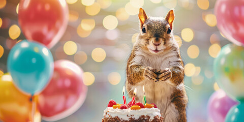 Squirrel Celebrating with a Birthday Cake with colorful balloons, copy space. Banner.