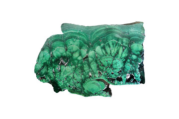 Malachite rock gemstone specimen isolated on white background.