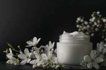 Fototapeta na wymiar A closeup of a cosmetic cream and white flowers on a dark background.