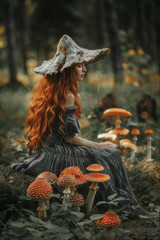 Obraz premium Red-haired woman with mushroom hat