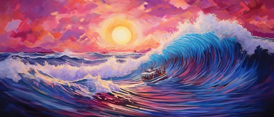  a painting of a boat riding a wave in the ocean © khan