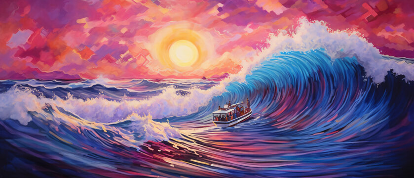 a painting of a boat riding a wave in the ocean