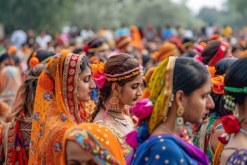 Fototapeta premium Cultural festival in India, people dressed in colorful attire, multitude of women in bright traditional dresses congregate, their intricate garb highlighting cultural beauty and unity.