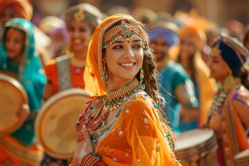 Cultural festival in India, people dressed in colorful attire,  jubilant dancer in ornate yellow attire performs at a cultural festival, her radiant smile echoing the joy of the occasion.