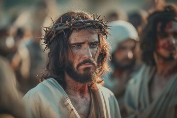 martyred Jesus Christ wearing a crown of thorns on the way to the cross among the crowd at Easter, generative AI - obrazy, fototapety, plakaty
