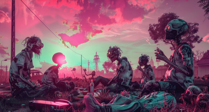 A whimsical gathering of cute zombies having a picnic in a vibrant, post-apocalyptic park under a stunning bubblegum pink sky, showcasing friendship in a fantasy world.