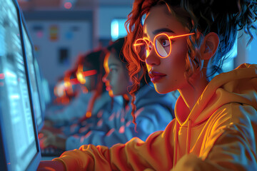 Jeune femme au sweat orange devant son ordinateur, plongée dans une ambiance néon en classe - obrazy, fototapety, plakaty