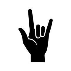 Rock on gesture glyph icon. Silhouette symbol. Horns sign emoji. Devil fingers. Heavy metal hand gesture. Negative space. Vector isolated illustration.