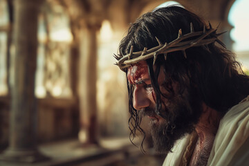 tortured sad Jesus Christ wearing a crown of thorns against the background of the Roman building of Pontius Pilate on the way to the cross for Easter, generative AI - obrazy, fototapety, plakaty
