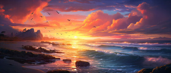 A spectacular sunset over the sea on a beach