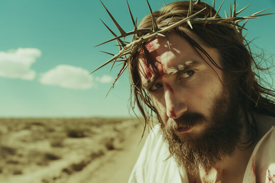 martyred Jesus Christ wearing a crown of thorns against the background of the desert on his way to the cross for Easter, in so many comedies, generative AI