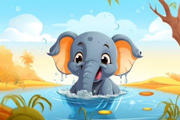 Poster A cartoon elephant is splashing in a river © Mongkol
