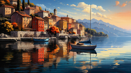 A riverside village reflecting in the calm waters, traditional boats lining the shore, and colorful buildings creating a vibrant waterfront scene.