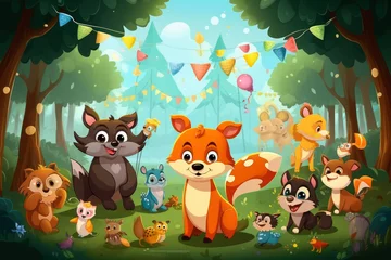 Gordijnen A group of cartoon animals are gathered in a forest © Mongkol