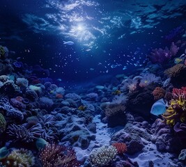 Obraz premium A coral reef teeming with vibrant marine life, illuminated by the gentle glow of bioluminescent organisms under the moonlit ocean