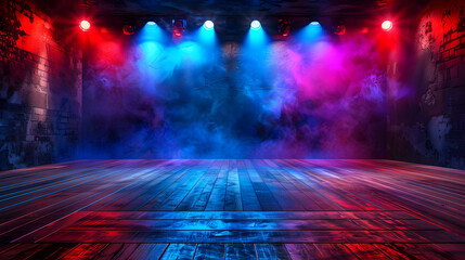 Vibrant Concert Stage with Colorful Spotlights and Smoke