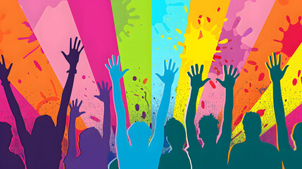 Colorful Silhouettes of a Cheering Crowd with Raised Hands at a Festival