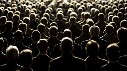 Obraz premium Silhouettes of businessmen from behind in formal wear at a corporate event
