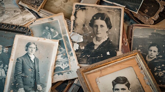 A collage of faded and worn family photographs, capturing generations past and the fleeting nature of recollection. The image employs soft lighting and muted tones.