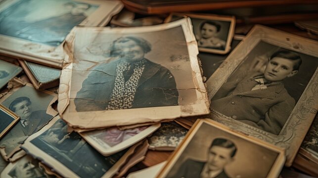 A collage of faded and worn family photographs, capturing generations past and the fleeting nature of recollection. The image employs soft lighting and muted tones.