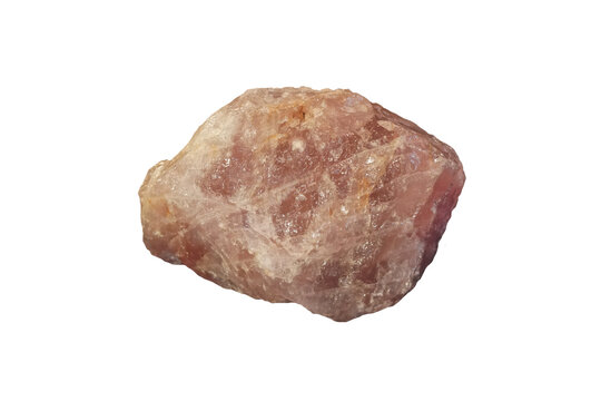 Rose quartz rock mineral specimen isolated on white background.