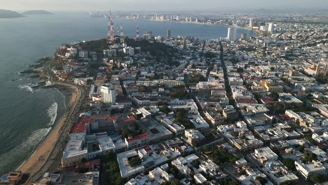Aerial of Mazatlan Sinaloa State Mexico drone fly above old town cityscape 