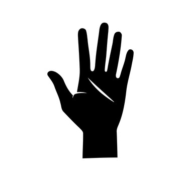 Vector silhouette of a human hand, palm. Drawn in black on a white background.