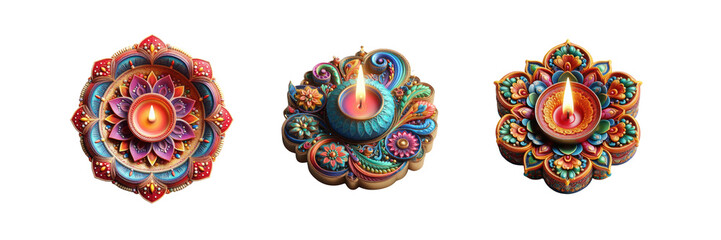 Set of Colorful Diwali Candle in top view, illustration, isolated over on transparent white background