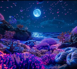 A coral reef teeming with vibrant marine life, illuminated by the gentle glow of bioluminescent organisms under the moonlit ocean