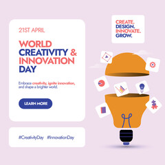 World Creativity and Innovation Day 21st April banner design. World creativity and innovation day celebration banner with a light bulb in half with cute icons of book, pie chart  coming out of it. 