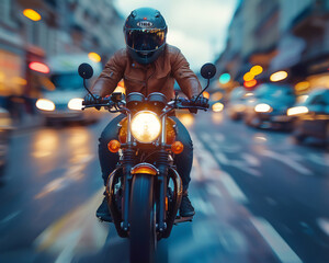 Classic motorcycle weaving through urban traffic with overtaking, utilizing rear curtain sync for dynamic motion effect - obrazy, fototapety, plakaty