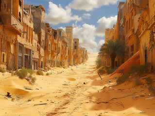 Deserted city with sand dunes swallowing the streets - obrazy, fototapety, plakaty