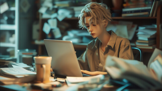 BJD office worker typing diligently on a laptop