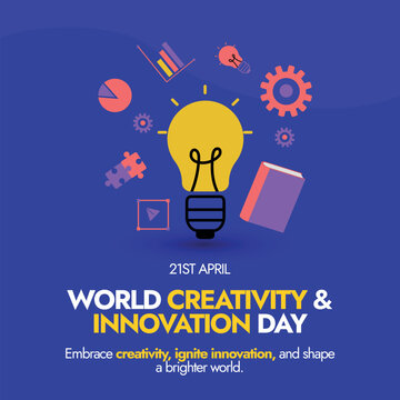 World Creativity and Innovation Day. 21st April World creativity and innovation day celebration banner with icons bulb, gear, book, puzzle pieces, bar chart, pie chart. Conceptual banner to explore.