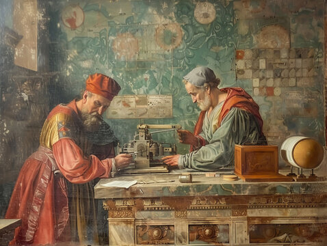 Frescoes of Renaissance scientists inventing early models of quantum computers