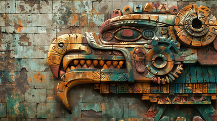Imagination of Mayan wall murals art blend with new technology depicting advanced wearable technology as divine ornaments